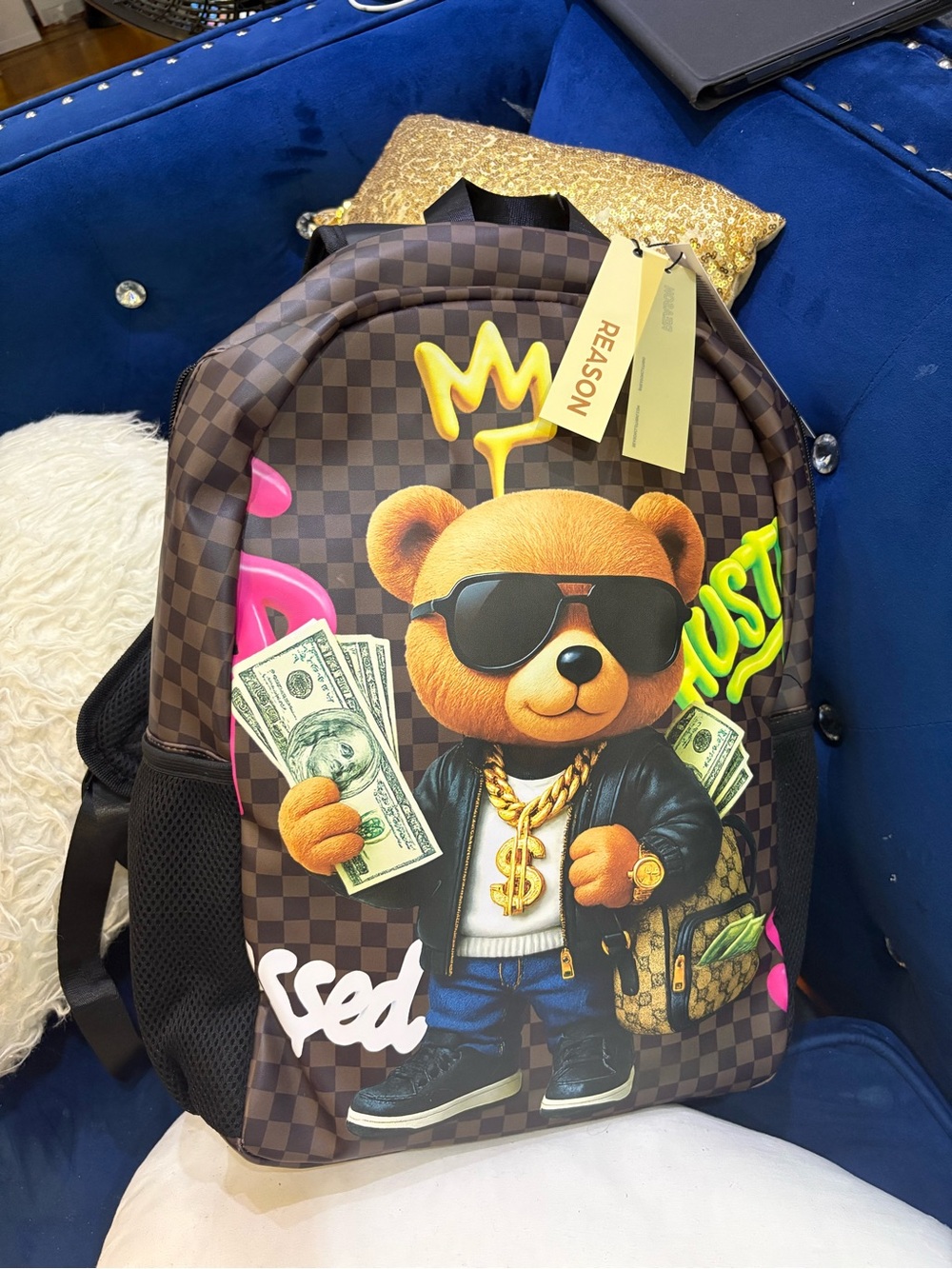 & Other Stories Brown Checkered Teddy Graphic Backpack with Multicolor Accents